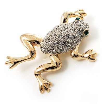Kristall Brosche springender Frosch (goldfarben)