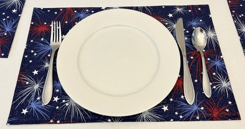 4th of July Patriotic Bursting Firework Placemats Red White Blue Glitter Set 4 - Picture 3 of 4