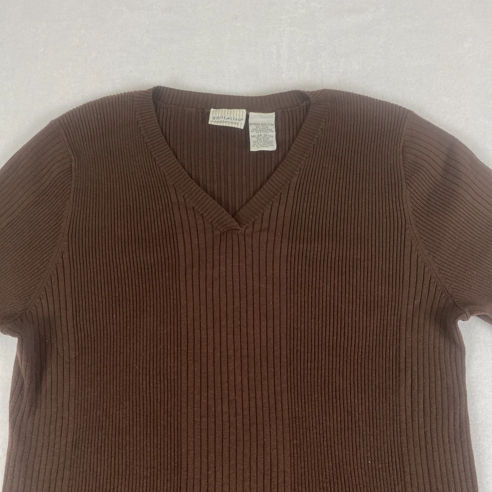 Blusa Top Vintage Blanco Ciervo Marrón Cuello en V Tejido a Rayas 18W Foto 3 de 4