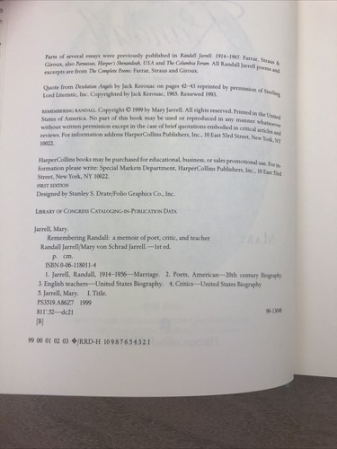 Remembering Randall 1st Edition Signed Mary von Schrader Jarrell Memori Poet - Picture 8 of 19