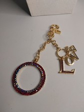 Love keychain bag charm large 6.5" gold tone ruby rhinestone circle