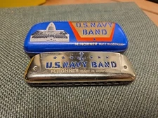 Vintage Hohner U.S. Navy Band Harmonica, + case, antique musical instrument