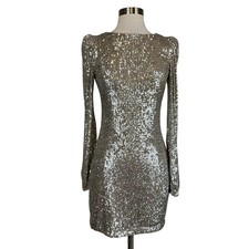 AQUA Women's Cocktail Dress Size 6 Silver Sequin Long Sleeve Cut Out Mini Sheath