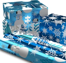 Blue Foil Christmas Wrapping Paper with Cut Lines on Reverse (3 Rolls: 60 Sq. Ft
