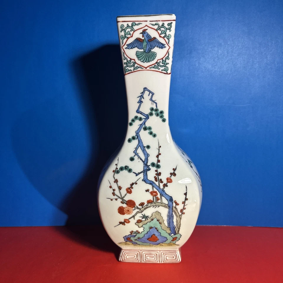 "Jarrón de flores japonés colorido Arita-ware 13"" motivo de pájaro" Foto 2 de 4