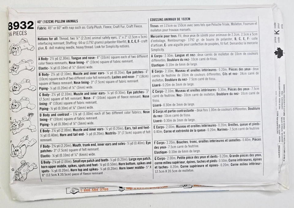 Almohadas de animales Simplicity Sew Pattern 8932 40" dragón panda perro vaca elefante UC Foto 2 de 3