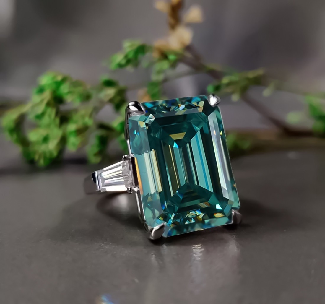 5.85 Ct Emerald Cut Blue Diamond Ring In 925 Sterling Silver With Certificate