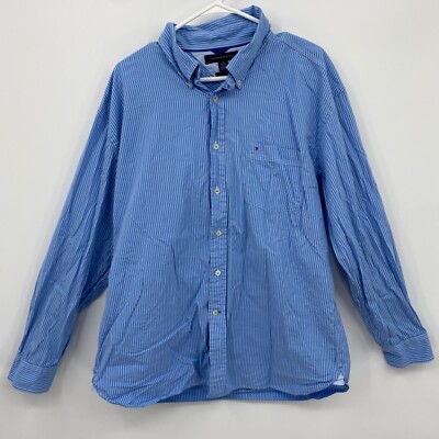Tommy Hilfiger Button Up Shirt Long Sleeve 80s Two Ply Cotton Blue Size XL Mens