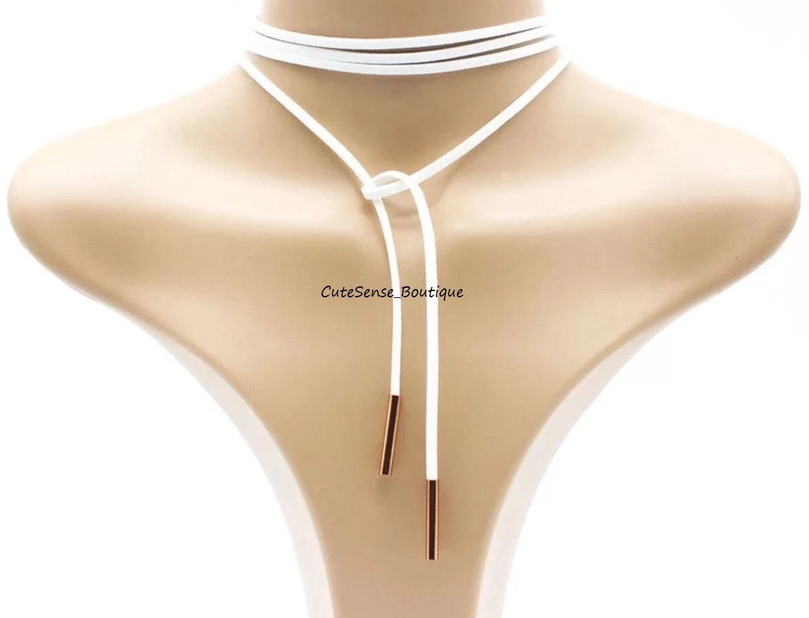 Lariat String Choker Retro Necklace WHITE with ROSE GOLD TIPS eBay
