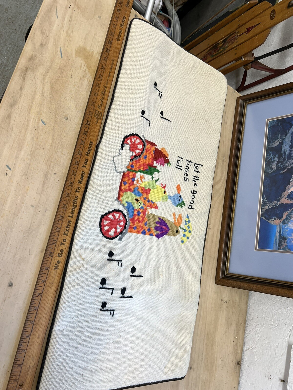Vintage Needlepoint Piano Bench Cover Let The Good Times Roll Birds