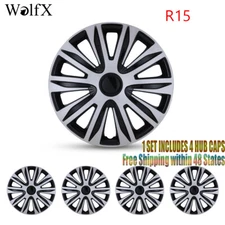 4PCS 15" Silver Black Snap On Wheel Hub Caps Trim Rings fit R15 Tire & Steel Rim