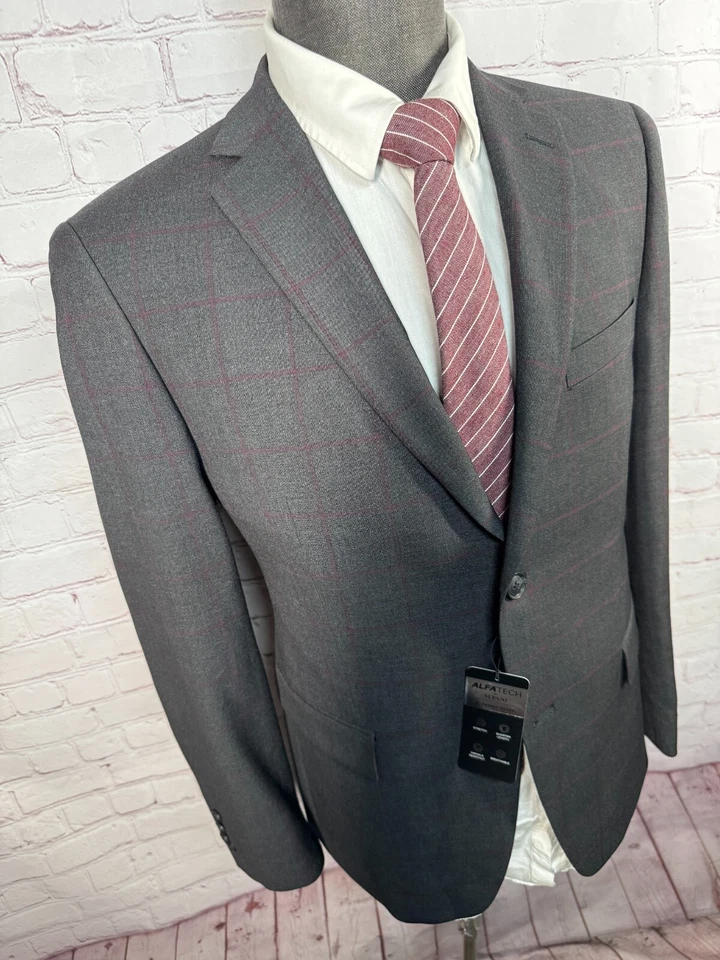 NUEVO ALFANI Hombres Gris CALCE CEÑIDO ELÁSTICO Ventana Abrigo Deportivo Blazer Chaqueta 40S Foto 3 de 4