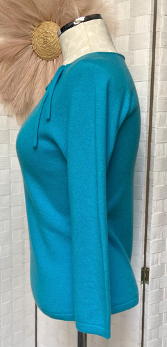 Ann Taylor 100% Cashmere Turquoise Bow Tie Neck Pullover 3/4 Sleeve Sweater S FT - Picture 6 of 10