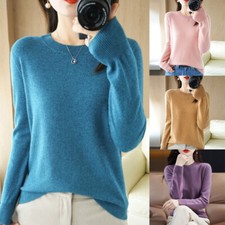 Women Wool Cashmere Sweater Knitted Pullover Slim Crew Neck Solid Jumper
