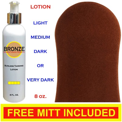 BRONZE - Sunless Self Tanning Lotion - 8 oz + Mitt, Gloves & Tanner (Best).