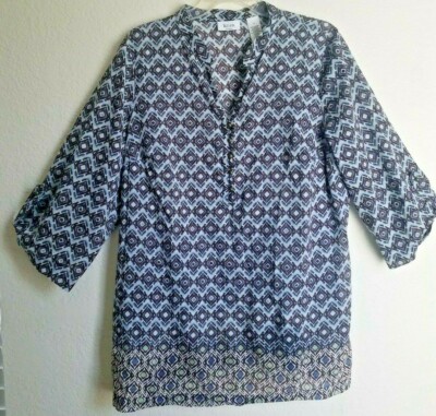 Liz and Co. Woman Light Blue Brown Boho Blouse Women's Size 1X