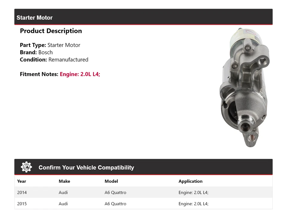 Стартер Bosch для Audi A6 Quattro 2,0 л L4 2014-2015 годов выпуска (восстановленный) - Изображение 2 из 4