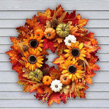 24 Inch Sunflower Fall Wreath for Front Door with Maple Leaves and Pumpkins