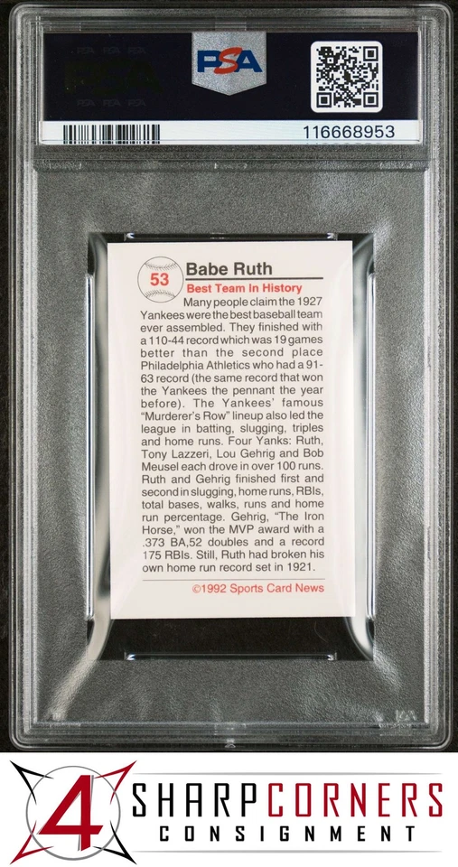 1992 SPORTS CARDS NEWS OLD TIME TOBACCO HAND CUT #53 BABE RUTH HOF PSA 10 - Image 2 of 3
