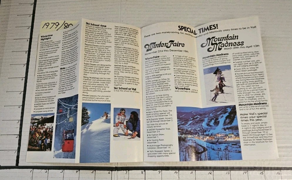 1979/80  VAIL SKI RESORT 16P BROCHURE W/TRAIL MAP INSIDE.  MINT
