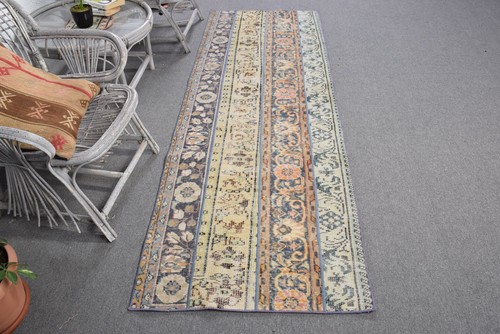 2,8x8,1 ft Vintage Turkish Rug, Runner Rug, Blue Orange Oriental Wool Rug