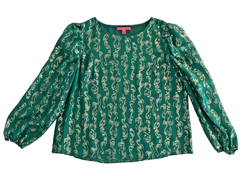 Lilly Pulitzer Miriam Silk Top Emerald Isle Salty Wave Metallic Blouse Green XL - Picture 1 of 7