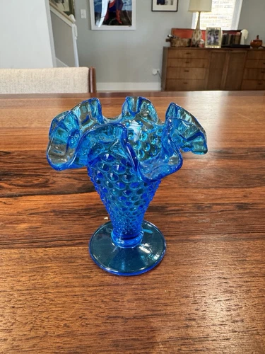 Vintage Fenton Stamped Blue Hobnail Double Crimped Ruffled Footed Vase