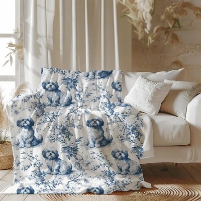 Shih Poo Blue Chinoiserie Toile Blanket Cute Pet Lover Decor