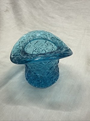 Vintage Mosser Glass Deep Blue Candle Holder in Button & Daisy Pattern