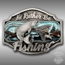 Vintage I'd Rather Be Fishing Belt Buckle Rio Grande Buckle Co. 1989 Pewter