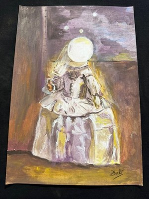 SALVADOR DALI   drawing and painting on old paper signed stamped vintage