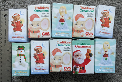 NEW VTG 1997 CVS PHARMACY MINI CHRISTMAS TREE ORNAMENTS LOT OF 10 SANTA SNOWMAN