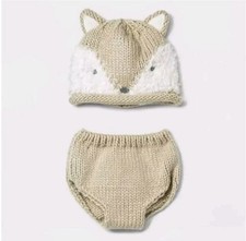 Cloud Island Baby Fox Hat and Diaper Cover Set in Beige/White, One Size