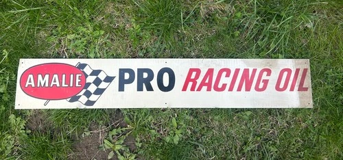 (2)Vintage Amalie pro racing Motor Oil Rack Top Sign Gas Garage Parts  36”x6
