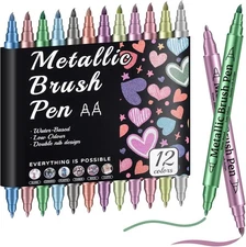 Prudiut 12 Pack Metallic Markers, Dual Tip Glitter Pens for Black Paper & Rock P