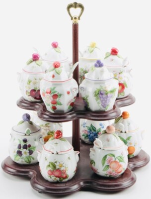 Vintage Lenox Orchard 12 Jelly Jars Set Wooden Stand Fine