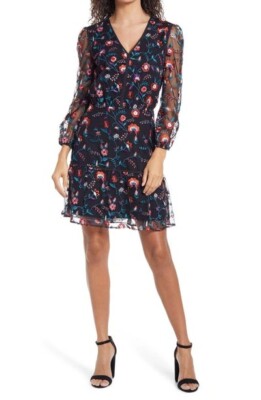 Sam Edelman RED PANSY Floral Embroidered Mesh Blouson Dress, US 0 | eBay
