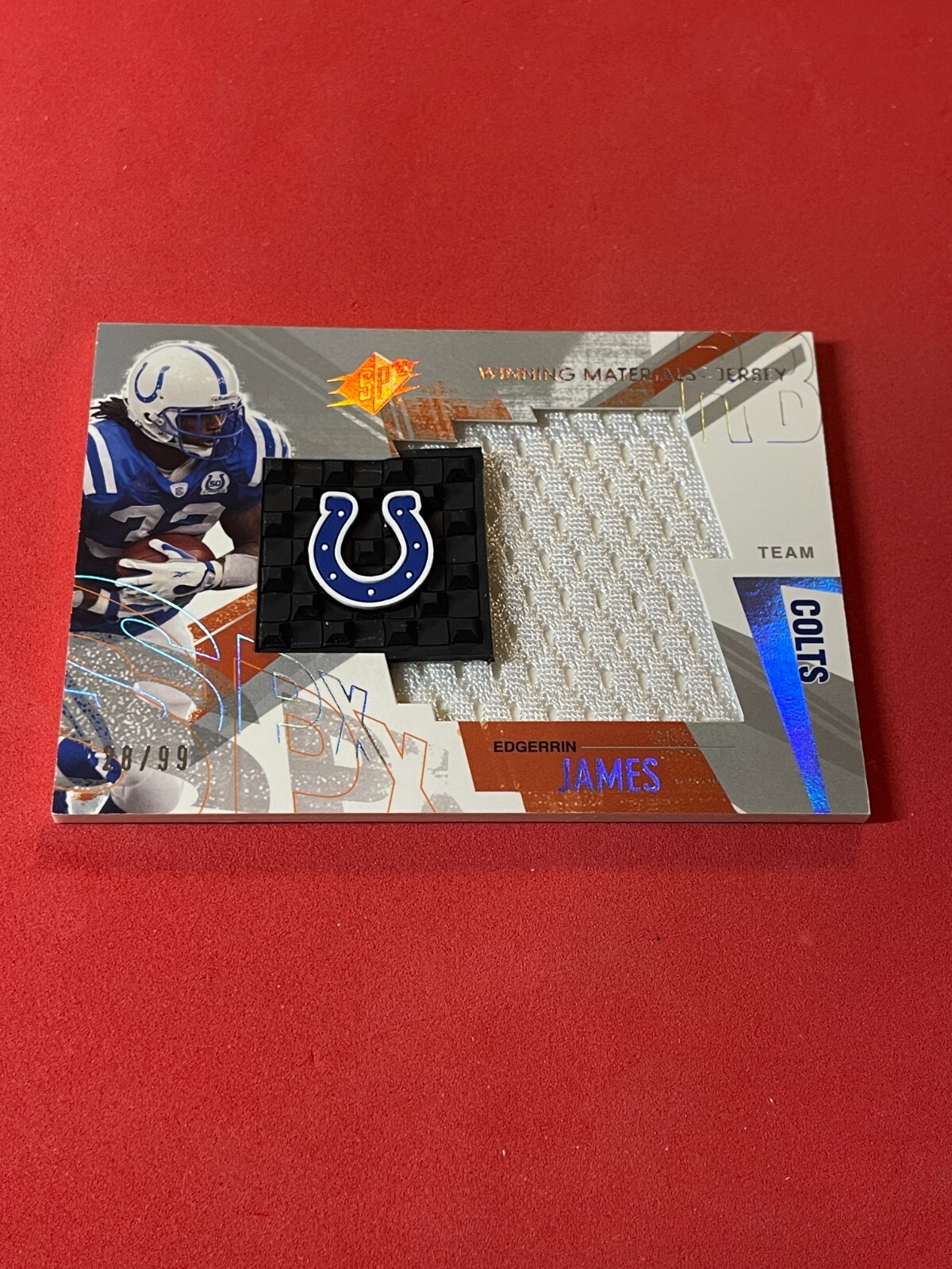Edgerrin James .. 28/99 .. Colts .. 2003 SPx WINING MATERIALS JERSEY TEAM LOGO