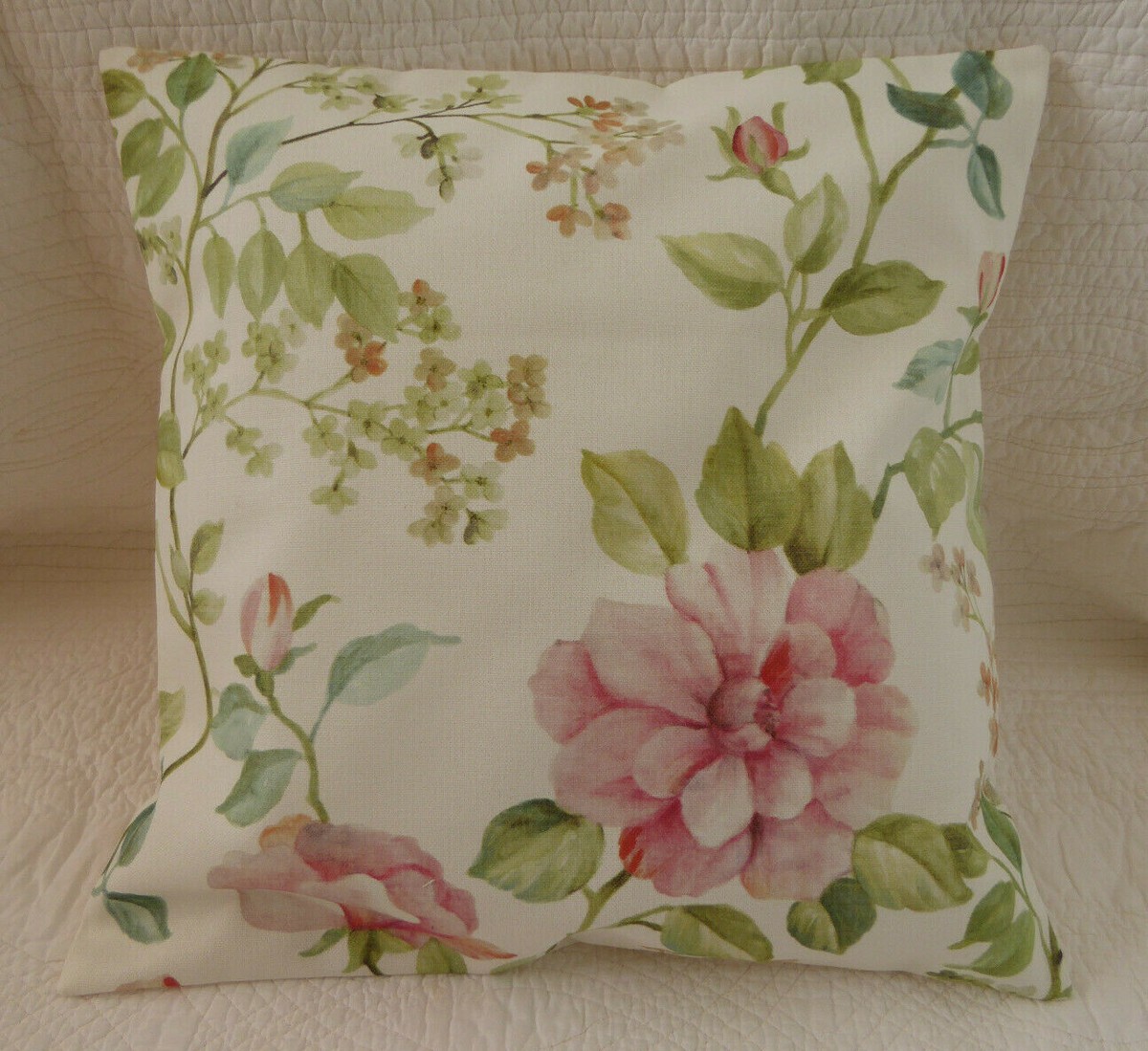 Pink Cushion Cover Rose Wild Flower Green Cream Print New Handmade 16