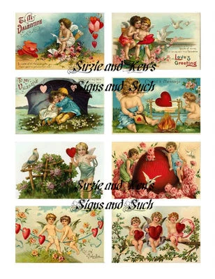 "HANDMADE" Valentine Stickers Vintage Postcard Reproductions Cupids Hearts Victorian