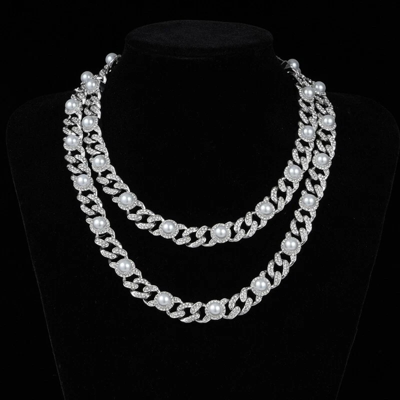 Big Pearl Diamonds Necklace Stainless Steel Hip Hop Fashion Men Cuban Chain New - Image 2 of 4