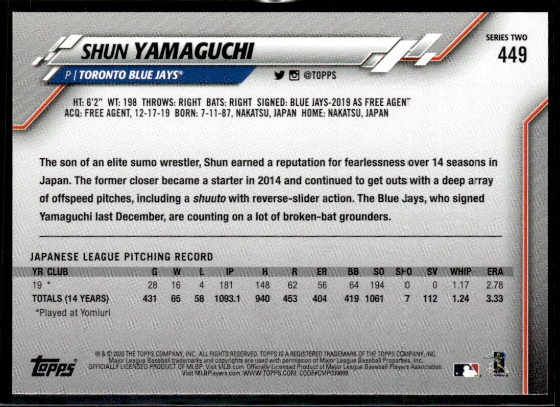 2020 Topps Gold Star Shun Yamaguchi Toronto Blue Jays #449 | eBay