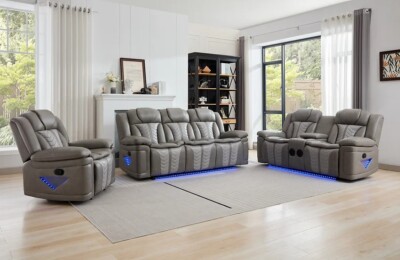 NEW LED 3PC Gray Leather Sofa Recliner Set Bluetooth Speaker & USB Charging