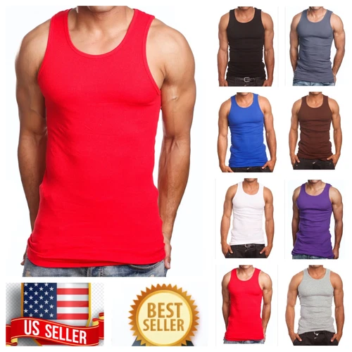 Men S-5XL 100% Cotton Tank Top T-Shirt A-Shirt Muscle Ribbed Wife Beater Tee Gym image 5