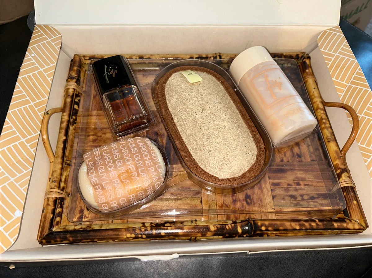 RARE Fidji Perfume Set Bath Soap Body Lotion Loofa Rattan Tray Guy