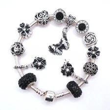 PANDORA SILVER CHARM BRACELET WITH BLACK BUTTERFLY CRYSTAL CHARMS & GIFT BOX!
