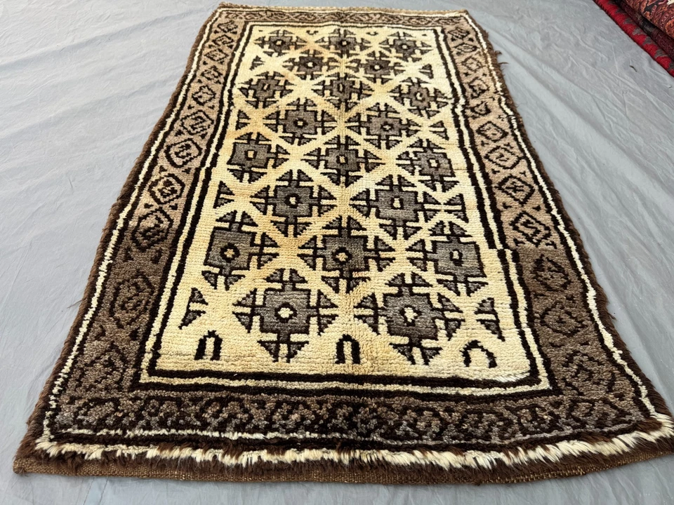 2x5 Rustic Afghan Taimani Tribal Rug – Earthy Brown & Cream Geometric Symbols - Image 3 of 4