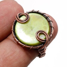 Green Mother Of Pearl Gemstone Wire Wrap Copper Ethnic Jewelry Ring 6.75" PG 260