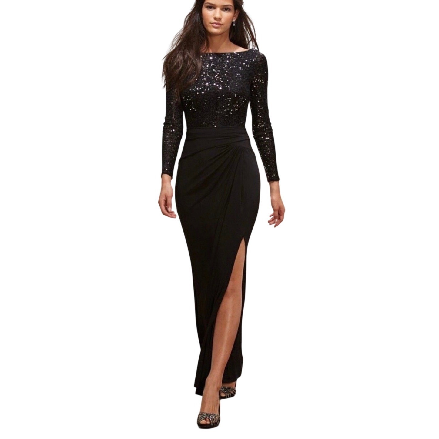 Lauren Ralph Lauren Evening Gown Women 10 Black Sequin Slit Long Sleeve Gala
