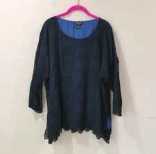 Citron Womens XL Silk Lace Crinkle Top Black Blue  Artsy Lagenlook Boho Hippie